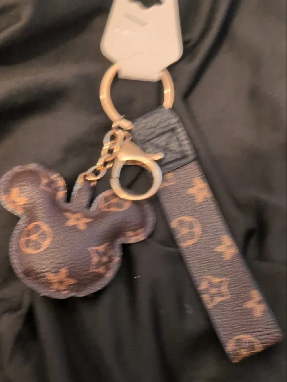 Fashion Jewelry Brown Monogram Mouse Keychain with Tan Bow